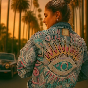 Chaqueta vaquera con símbolo de mal de ojo, pintada a mano, estilo bohemio para festivales y ropa urbana con un toque único.