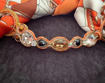 Naszyjnik z satynowego szalika, ręcznie robiony kryształowy choker sutasz, pomarańczowy dodatek w stylu kurortu