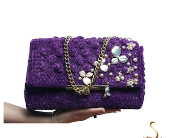 Bolso de punto adornado, bolso morado hecho a mano, bolsos de lujo, bolsos de diseñador, bolso de noche con cuentas