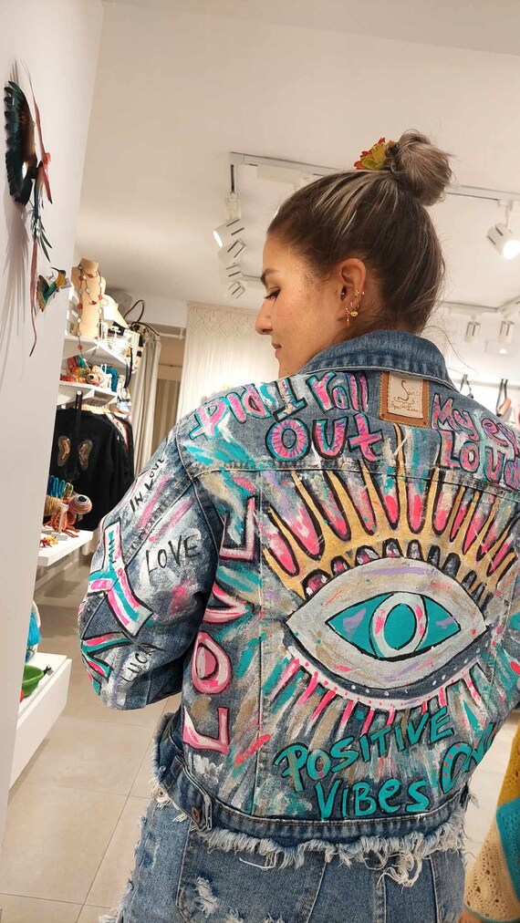 Giacca di jeans PERSONALIZZATA dipinta a mano del malocchio malocchio turco malocchio jeans dipinti a mano maglietta Santorini Mykonos giacca pop art Etsy Italia
