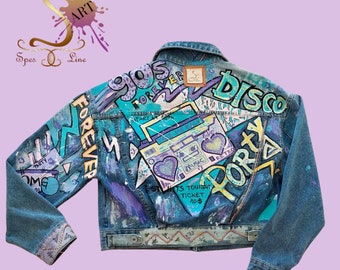 Chaqueta de mezclilla pintada a mano personalizada para mujer / estilo vintage de los años 90 Cool Pop Art gráfico chaqueta recortada colorida para regalo de fiesta para damas