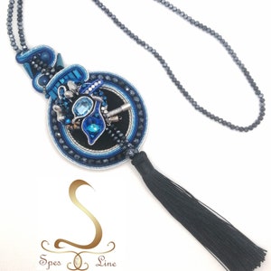 Long Blue Soutache Necklace, Blue Swarovski Necklace, Blue Black Fancy Pendant, Tassel Blue Pendant, Long Boho Cristal Necklace image 6