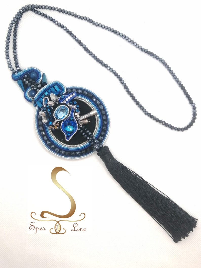 Long Blue Soutache Necklace, Blue Swarovski Necklace, Blue Black Fancy Pendant, Tassel Blue Pendant, Long Boho Cristal Necklace image 6