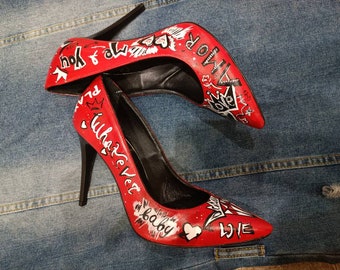 SOLD! Red Love Hand-painted shoes/ Custom heels /Handpainted heels /Pumps heels /Grafity shoes /Love Words Shoes