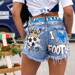 Custom Football Shorts Hand Painted Sports Team Denim Shorts,Saints Jacket Painted Portrait Athlete Custom Marbella Denim Shorts