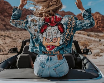 Malowana ręcznie kurtka dżinsowa – wyjątkowa odzież uliczna w stylu pop-art, jedyna w swoim rodzaju kurtka z wyrazistym wzorem