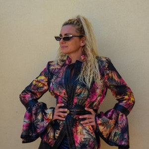 Pink Jacquard Jacket for Women Elegant Party Blazer Statement Designer Coat Puff Sleeve Victorian Jacket Plus Size Available