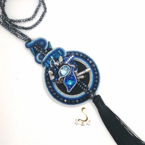 Long Blue Soutache Necklace, Blue Swarovski Necklace, Blue Black Fancy Pendant, Tassel Blue Pendant, Long Boho Cristal Necklace image 4