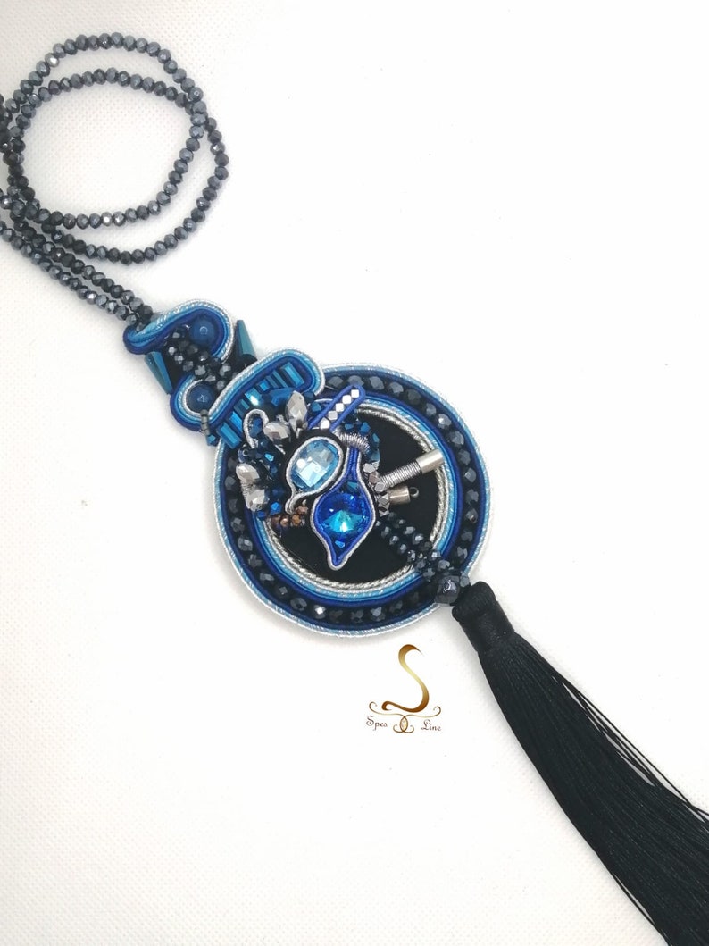 Long Blue Soutache Necklace, Blue Swarovski Necklace, Blue Black Fancy Pendant, Tassel Blue Pendant, Long Boho Cristal Necklace image 4