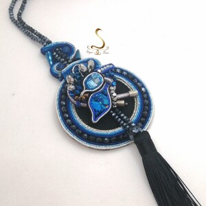 Long Blue Soutache Necklace, Blue Swarovski Necklace, Blue Black Fancy Pendant, Tassel Blue Pendant, Long Boho Cristal Necklace image 5