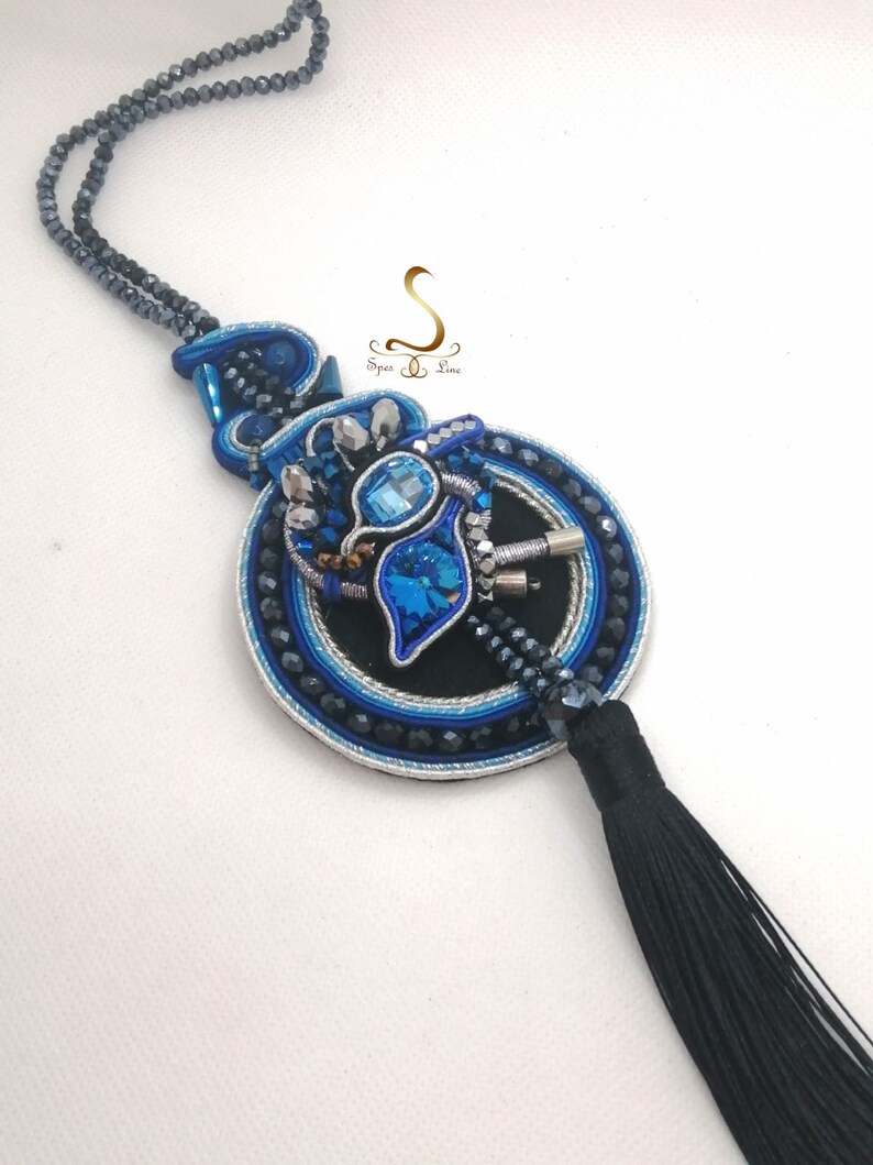 Long Blue Soutache Necklace, Blue Swarovski Necklace, Blue Black Fancy Pendant, Tassel Blue Pendant, Long Boho Cristal Necklace image 5