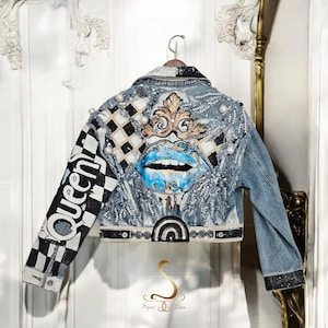Queen Embellished Denim Jacket – Couture Baroque Jean Jacket – Hand Beaded Festival Outfit – Unique Avant Garde Statement Streetwear