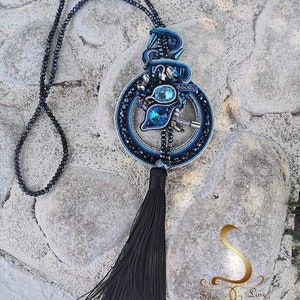 Long Blue Soutache Necklace, Blue Swarovski Necklace, Blue Black Fancy Pendant, Tassel Blue Pendant, Long Boho Cristal Necklace image 10