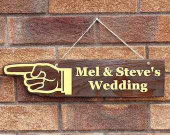 Wooden Hand Shaped Direction Sign - Wedding Direction Sign - Pointing Sign - Brown Direction Sign - Personalised Wedding Sign