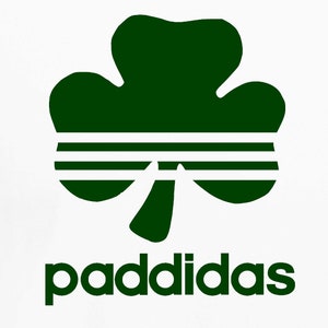 May include: A green shamrock with three white stripes across the center, with the word "paddidas" in green letters below.