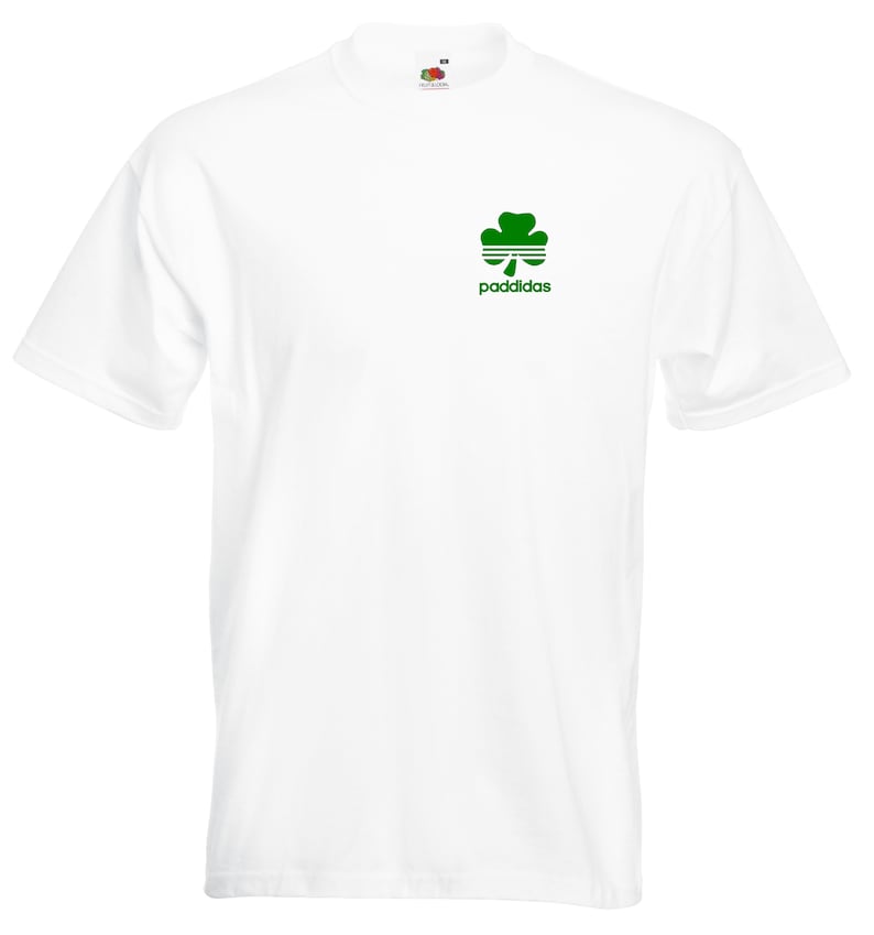 May include: White t-shirt with a green shamrock and the text "paddidas" printed on the front.