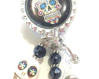 Sugar Skull ID REEL BADGE Retractable Clip On with Howlite Skull And Beads