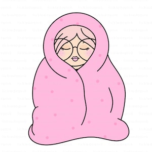 May include: A cartoon illustration of a person wrapped in a pink blanket with pink polka dots. The person has pink hair, round glasses, and closed eyes. The blanket covers the person's head and body.