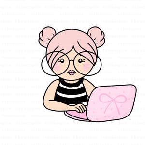 May include: A cartoon illustration of a person with pink hair in space buns, wearing glasses and a black and white striped top. The person is using a pink laptop with a bow design on the screen. The image has a cute, feminine aesthetic.