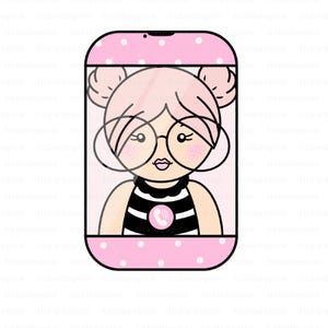 May include: Pink smartphone illustration featuring a cartoon girl with pink hair, glasses, and a black and white striped top. The phone screen shows the girl with a phone icon. The phone's frame is pink with white polka dots.
