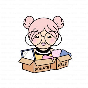 May include: Illustration of a cartoon character with pink hair and glasses, sorting clothes into boxes labeled "DONATE" and "KEEP". The character wears a yellow top and black collar. The boxes are brown.