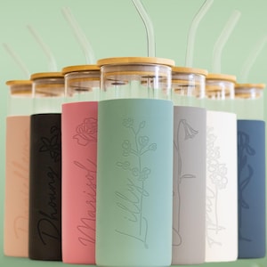 Engraved Birth Flower Tumbler with Silicone Sleeve, Iced Coffee Glass Can with Birthday Month, Flower Mug Party Favor and Shower Gift (FL1)