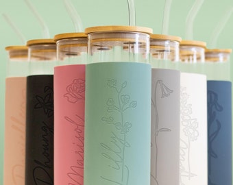 Engraved Birth Flower Tumbler with Silicone Sleeve, Iced Coffee Glass Can with Birthday Month, Flower Mug Party Favor and Shower Gift (FL1)