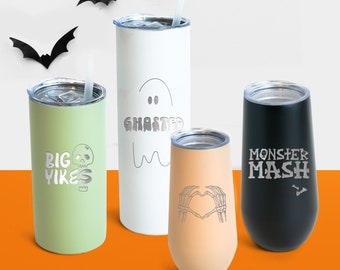 Cute Halloween Tumbler Gift for Her, Spooky Vibes Barware, Skeleton Travel Cup, Engraved Ghost Coffee Mug, Cute Fall Cup or Party Favor