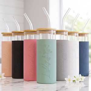 Personalized Birth Flower Tumbler Glass with Silicone Sleeve for Iced Coffee (FL1)