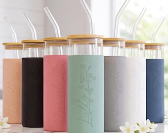 Personalized Birth Flower Tumbler Glass with Silicone Sleeve for Iced Coffee (FL1)