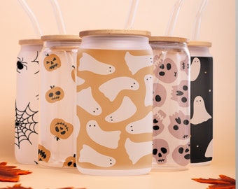 Halloween Glass Tumblers with Straws For Fall Gifts, Iced Coffee Cup For Party Favors, 16oz Glass Cans for Spooky Season for Her