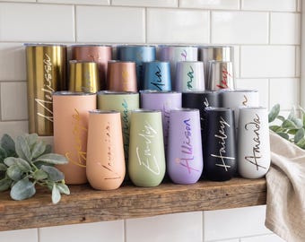 Personalized Champagne Tumbler, Custom Engraved Wine Tumbler Cup and Lid, Stainless Steel Metal Tumblers for Bachelorette Bridal Party (Bv1)