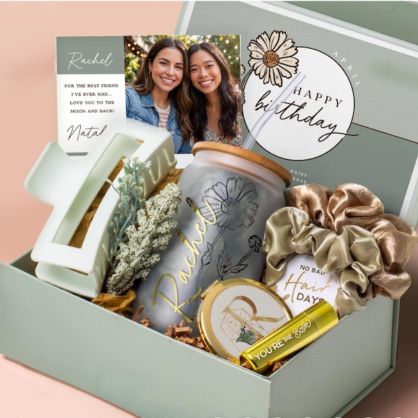 July or August Birth Flower Gift Box for Her, Birthday Month Idea, Personalized Birthday Set, Coffee Cup for Best Friend or Mom (HB3)
