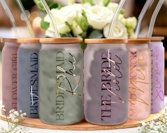 Bridesmaid Bridal Frosted Glass Tumbler with Etched Wedding Role and Curved Straw, 16oz, Bamboo Lid (FW1)