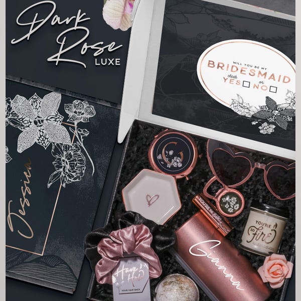 Dark Rose Gold Bridesmaid Proposal Box, Black Bridesmaid Gift Box Set, Will You Be My Bridesmaid Box with Pink Black Bridesmaid Gifts (DR1)