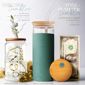 May include: Two glass tumblers with bamboo lids and glass straws. One is a clear glass can with the name "Gina" in gold foil. The other is a teal silicone sleeve tumbler with the name "Kendra" and a heartbeat design. The tumblers are 5.25" and 7" tall.