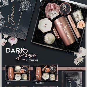 The image is a promotional poster for a gift set called "Dark Rose" that includes various items such as candles, bath bombs, and other beauty products.