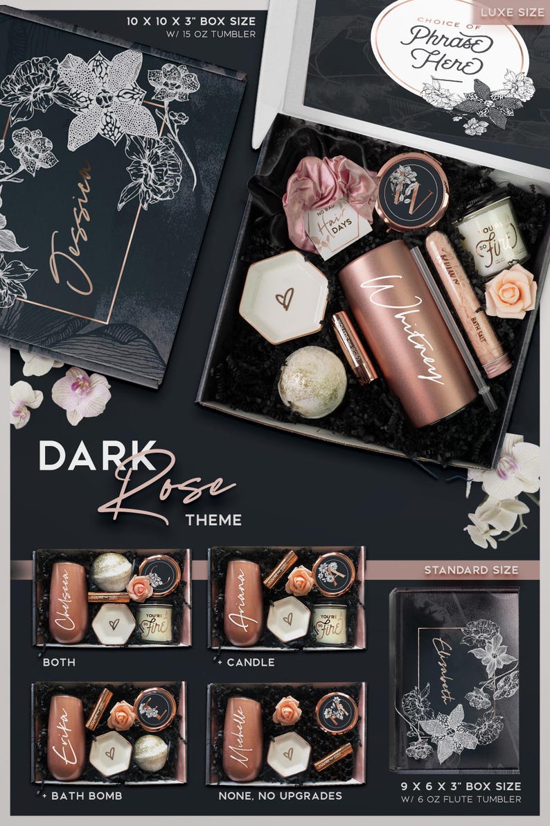 The image is a promotional poster for a gift set called "Dark Rose" that includes various items such as candles, bath bombs, and other beauty products.