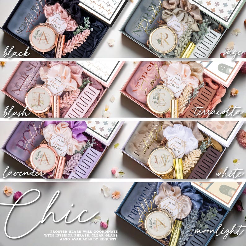 May include: Gift boxes in various colors, including black, sage, blush, terracotta, lavender, white, and moonlight. Each box contains a compact mirror, scrunchies, a comb, and other accessories. The word "Chic" is written in cursive at the bottom.