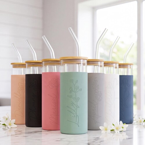 Birth Flower Tumbler, Engraved Glass with Silicone Sleeve and Lid Straw for Iced Coffee (FL1)