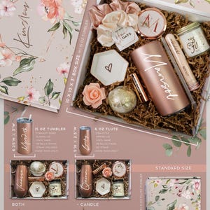May include: A blush-themed gift box set with a choice of a 15 oz tumbler or a 6 oz flute. The box includes a bath bomb, a candle, a small dish, and a hair scrunchie. The box is decorated with a floral pattern and the text "No Bad Hair Days".