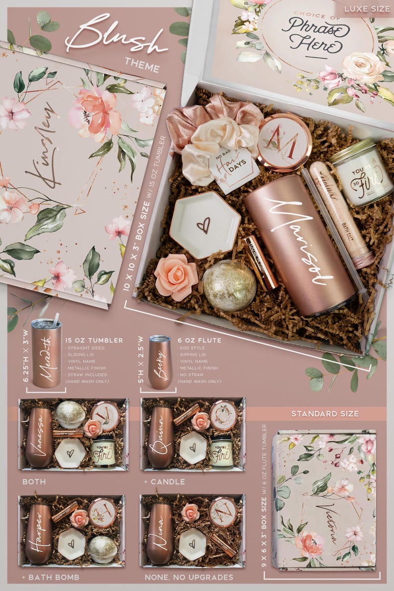 May include: A blush-themed gift box set with a choice of a 15 oz tumbler or a 6 oz flute. The box includes a bath bomb, a candle, a small dish, and a hair scrunchie. The box is decorated with a floral pattern and the text "No Bad Hair Days".