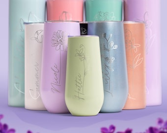 Engraved Birth Flower Tumbler with Name, Birthday Month Flower Tumbler, Bridesmaid Gifts For Bachelorette Party Trips, Vacation Gifts (FL1)