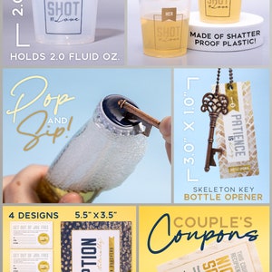 May include: A set of couple's gifts including two clear plastic shot glasses with the text "His Shot at Love" and "Her Shot at Love", a gold skeleton key bottle opener with the text "Patience is Key", and a box of "Redemption" coupons with the text "Marital Obligation Vouchers" and a set of "Couple's Coupons" with the text "Night of Solitude".