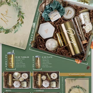 May include: A gift box filled with various items, including a gold tumbler, a gold flute, a bath bomb, a candle, and a small dish. The box is decorated with a green and gold floral design and the words "Rustic Theme". The box is available in two sizes: standard and luxe.