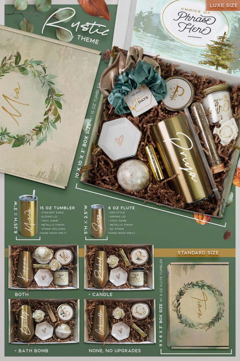 May include: A gift box filled with various items, including a gold tumbler, a gold flute, a bath bomb, a candle, and a small dish. The box is decorated with a green and gold floral design and the words "Rustic Theme". The box is available in two sizes: standard and luxe.