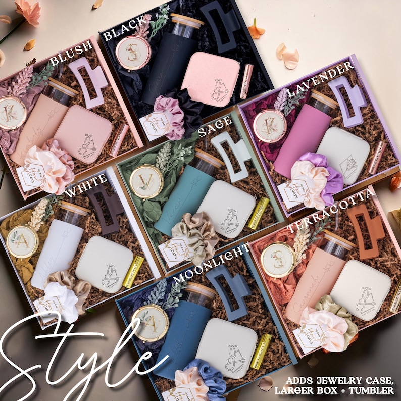 May include: Gift boxes in various colors, including blush, black, white, sage, lavender, terracotta, and moonlight. Each box contains a tumbler, jewelry case, scrunchie, hair clip, and lip balm. The word "Style" is written in cursive.