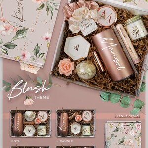 The image is a promotional material for a gift box set with a "Blush" theme. It features various items such as candles, bath bombs, and other accessories arranged in a box. The box is labeled with different sizes and includes a standard size, a larger box, and a smaller box. The text on the image includes the words "Blush" and "Standard Size" along with descriptions of the box sizes.