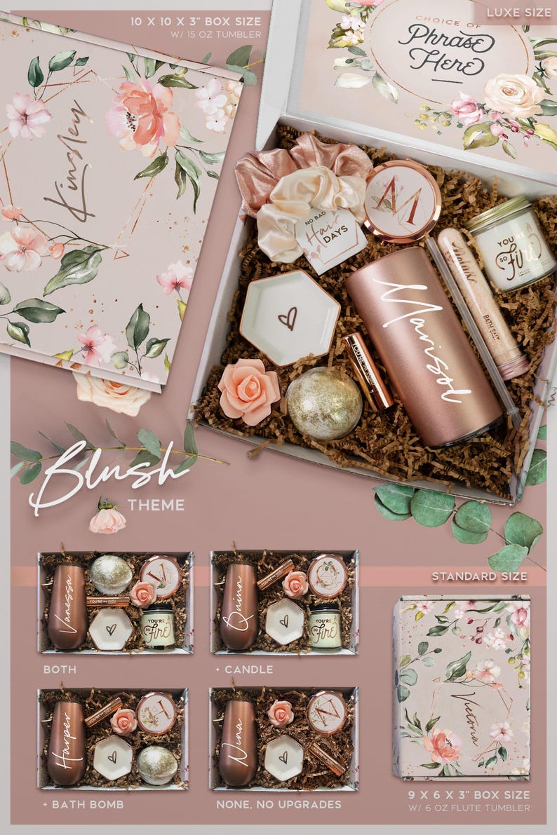 The image is a promotional material for a gift box set with a "Blush" theme. It features various items such as candles, bath bombs, and other accessories arranged in a box. The box is labeled with different sizes and includes a standard size, a larger box, and a smaller box. The text on the image includes the words "Blush" and "Standard Size" along with descriptions of the box sizes.