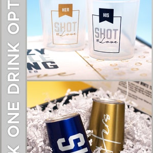 May include: Two sets of shot glasses, one set is clear plastic with gold lettering that says "Her Shot at Love" and "His Shot at Love". The second set is stainless steel, one is gold and says "His" and the other is blue and says "His".